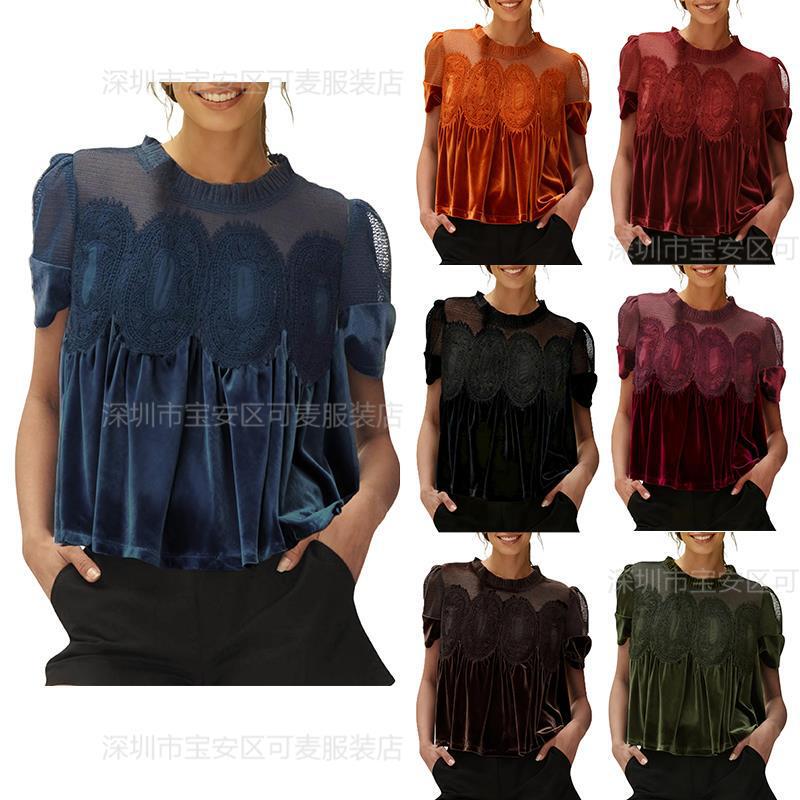 European and American Cross-Border Amazon Autumn and Winter New Style Ruffled Collar Solid Color Pleated Lace Splicing High-End Elegant Women's Top