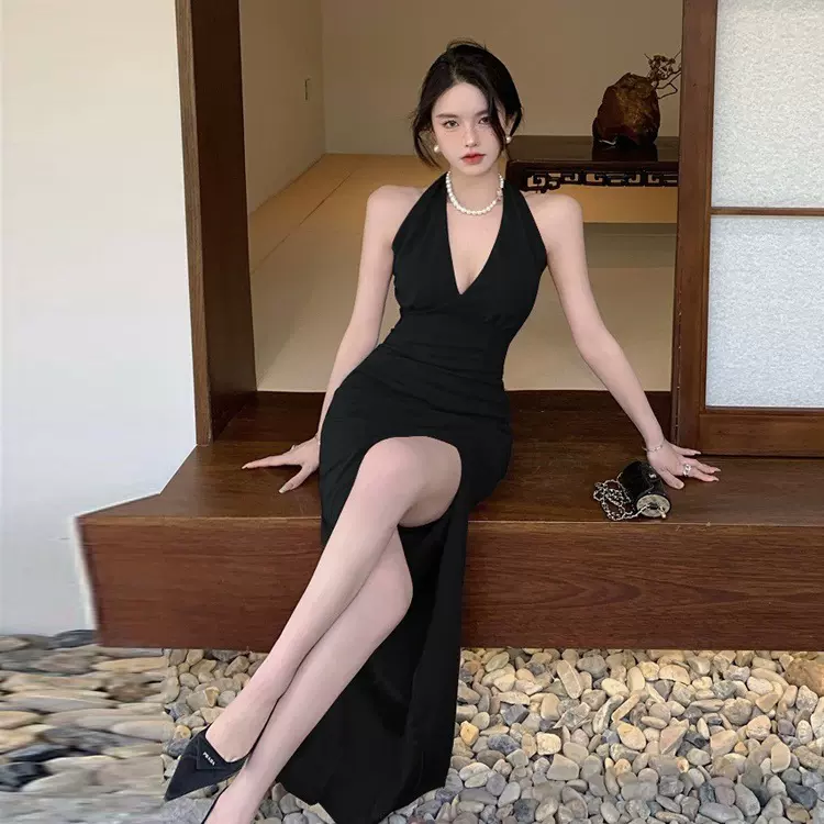 生日party小礼服轻奢小众长裙性感开叉挂脖吊带包臀连衣裙女夏季