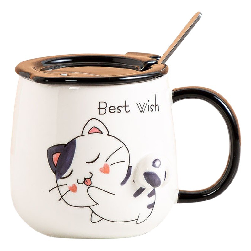 Taza grande de cerámica con tapa, diseño de gato, pareja, regalo adorable