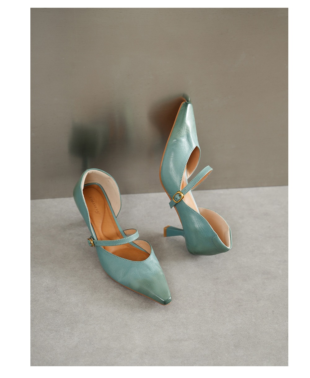 Sandal cao gót nữ quai ngang mũi nhọn da bò cổ điển gót 9 cm — đen chi tiết 13