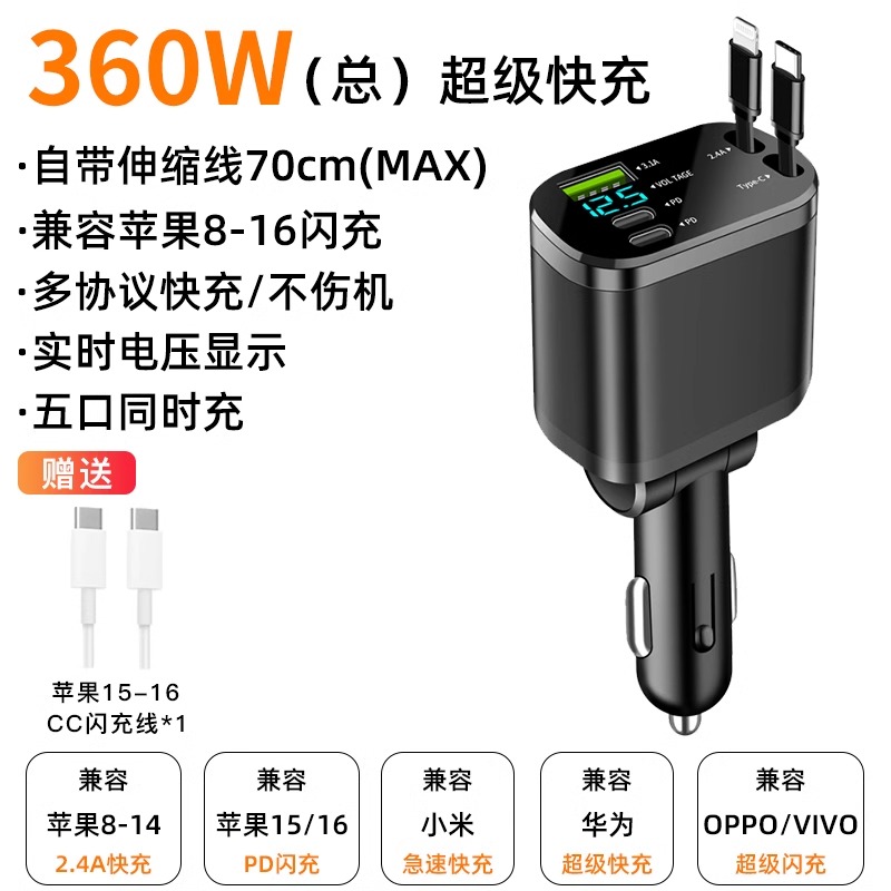 Cigarette Lighter Adapter – Qìchē Mobil şarj cihazları - exclusive-speed-up-super-fast-charge-five-ports-simultaneously-with-retractable-cable-cc-data-cable