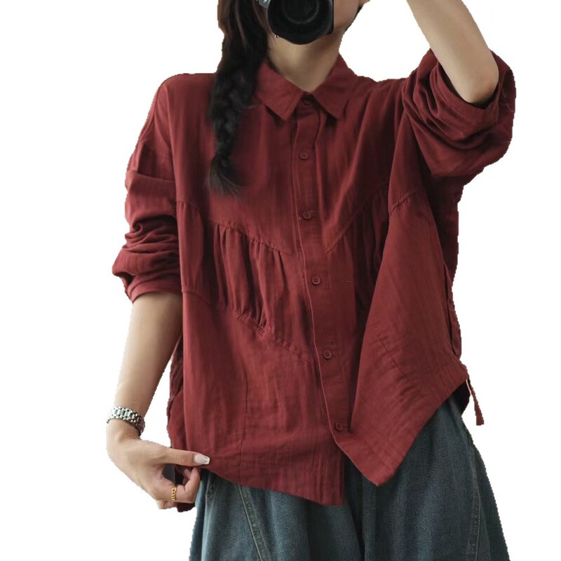 春秋新款文艺长袖衬衫女士双层棉纱纯色褶皱衬衣单排扣打底衫|undefined