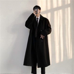 Spring Korean-style Thickened Woolen Coat Men's Mid-length Hong Kong-style Coat Over-the-knee Trendy Solid Color Quilted Coat Trendy
