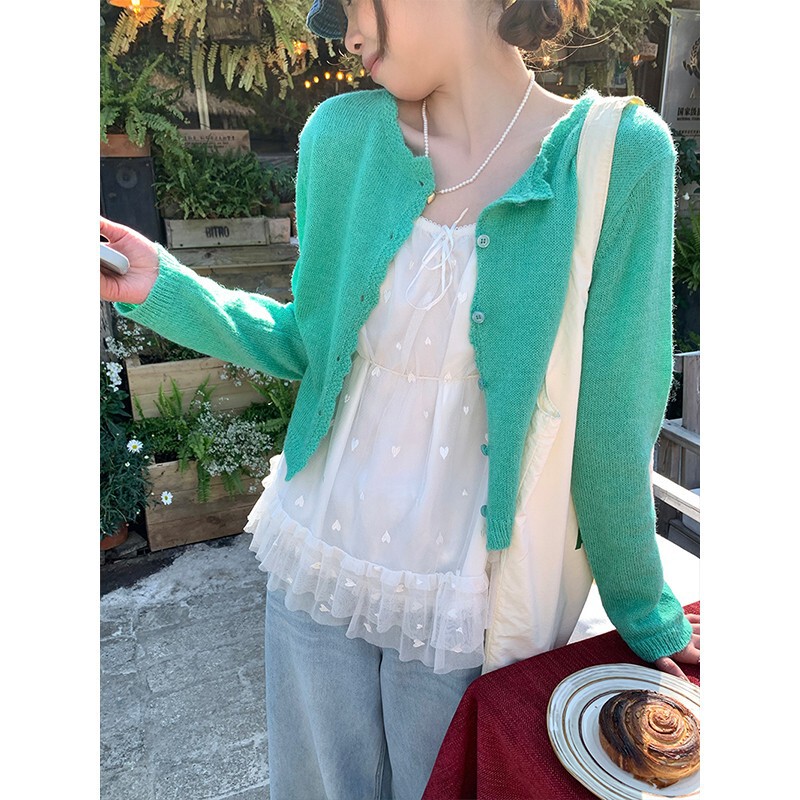Fresh Mint Green Lace Stitching Knitted Cardigan Jacket Women's Spring and Autumn Stacked Sweater Unique Super White Top