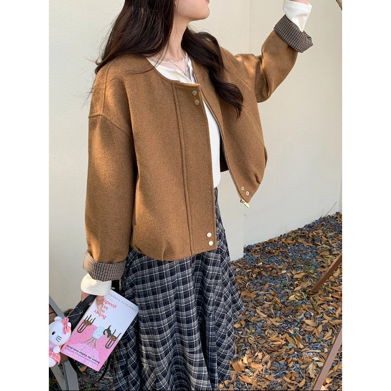 3Th Morning Private Collection Vintage Color-Block Plaid Round Neck Woolen Short Coat Zy3514