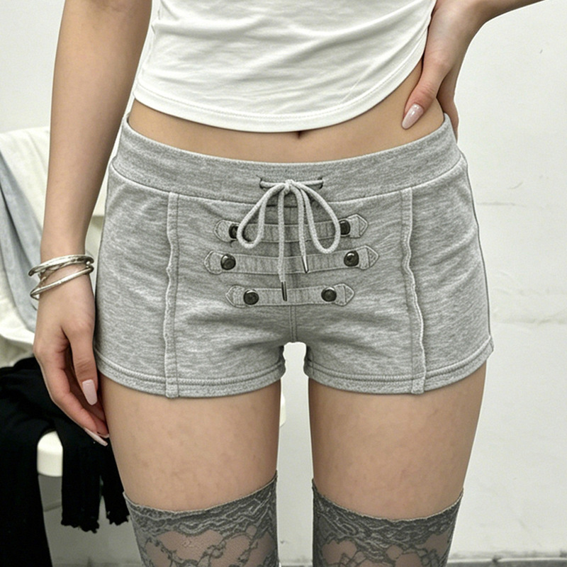 American retro sporty style buttoned drawstring low-waist shorts for women, fashionable street style basic sweatpants for trendy girls American retro sporty style buttoned drawstring low-waist shorts for women, fashionable street style basic sweatpants for trendy girls