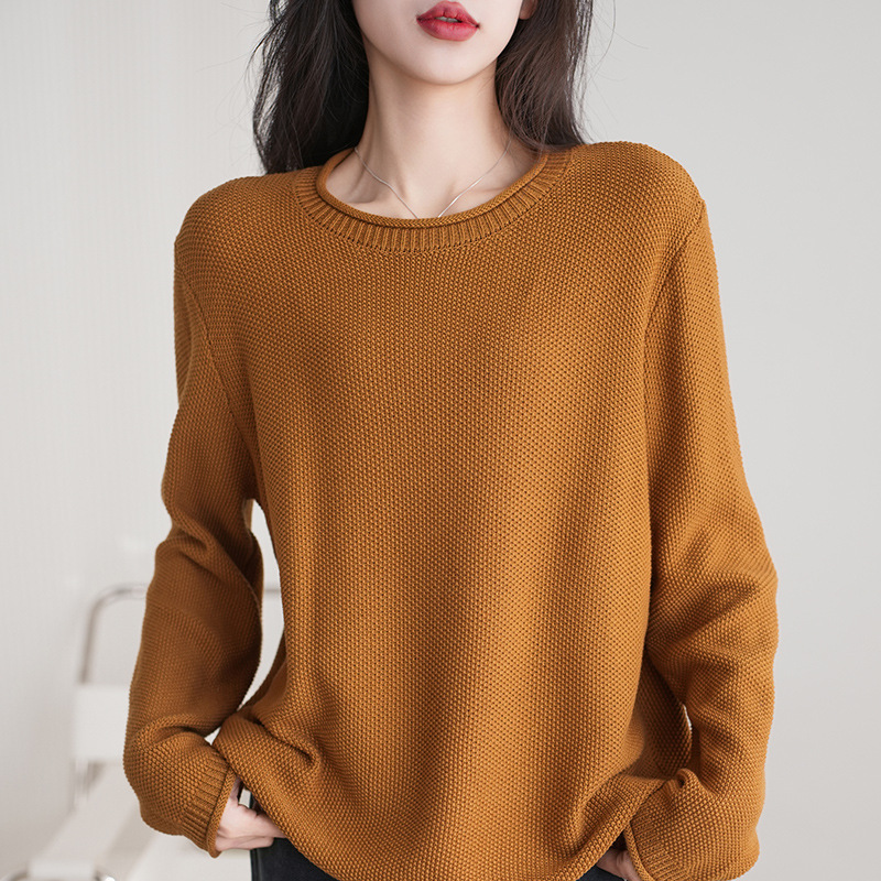 Comfortable lightweight 100 cotton bottoming shirt spring and summer new curling round neck women's knitted long sleeve pullover top trendy Comfortable lightweight 100 cotton bottoming shirt spring and summer new curling round neck women's knitted long sleeve pullover top trendy