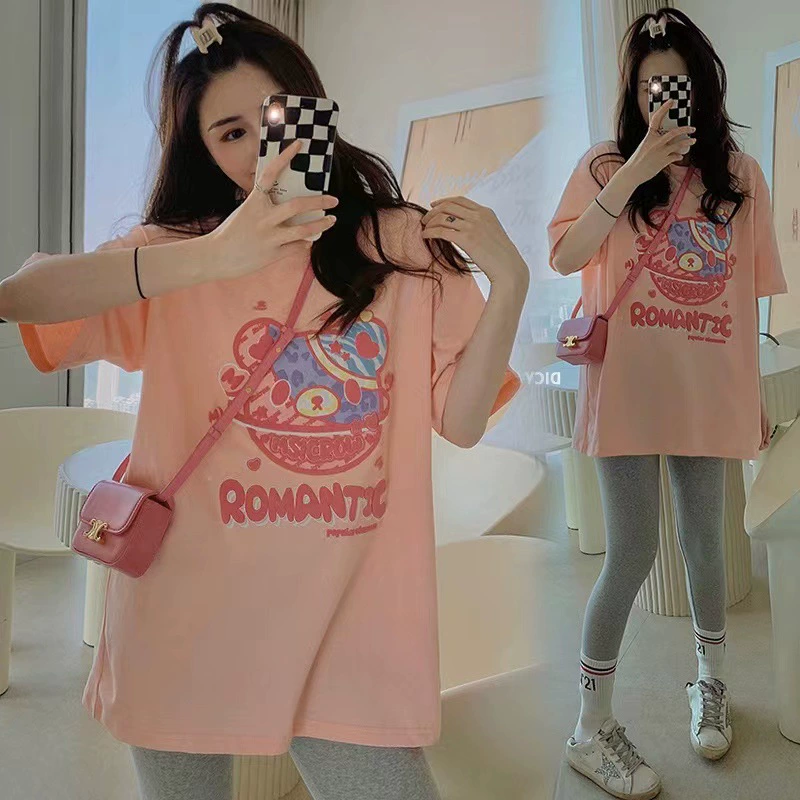 Свободная футболка с короткими рукавами грудного вскармливания с короткими рукавами, чтобы покрыть ягодицы PP большая пластина свободная хлопчатобумажная рубашка для беременных летом