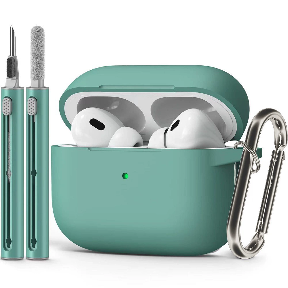 Защитный чехол (совместим с Apple AirPods) с однотонным карабином и чистящей палочкой, лёгкий