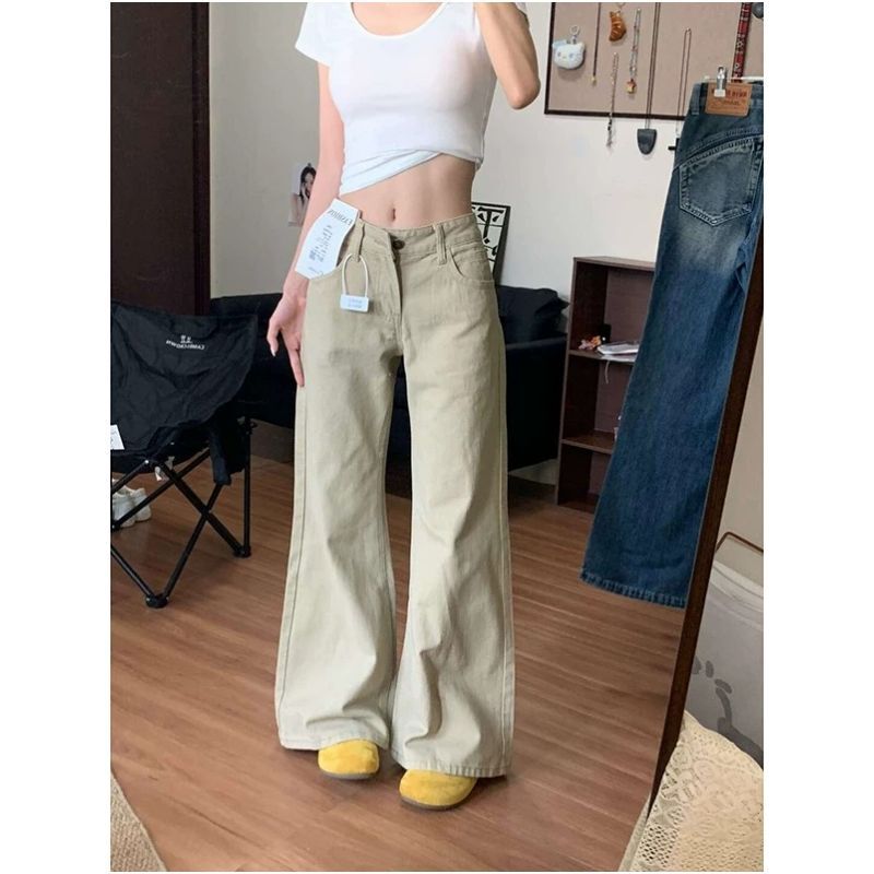 Khaki Low-Waist Flared Jeans for Women 2026 New Style, Trendy Petite Slim-Fit Non-Tight Flared Floor-Length Pants