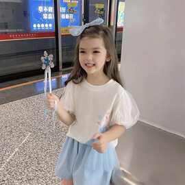 新款夏季女童宝宝公主网纱T恤泡泡袖短袖洋气卡通儿童上衣百塔潮