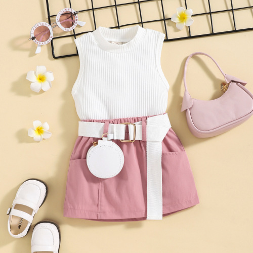 Baoxin children's clothing foreign trade girls summer trendy cool cotton vest top T short skirt with waist bag suit straight hair
