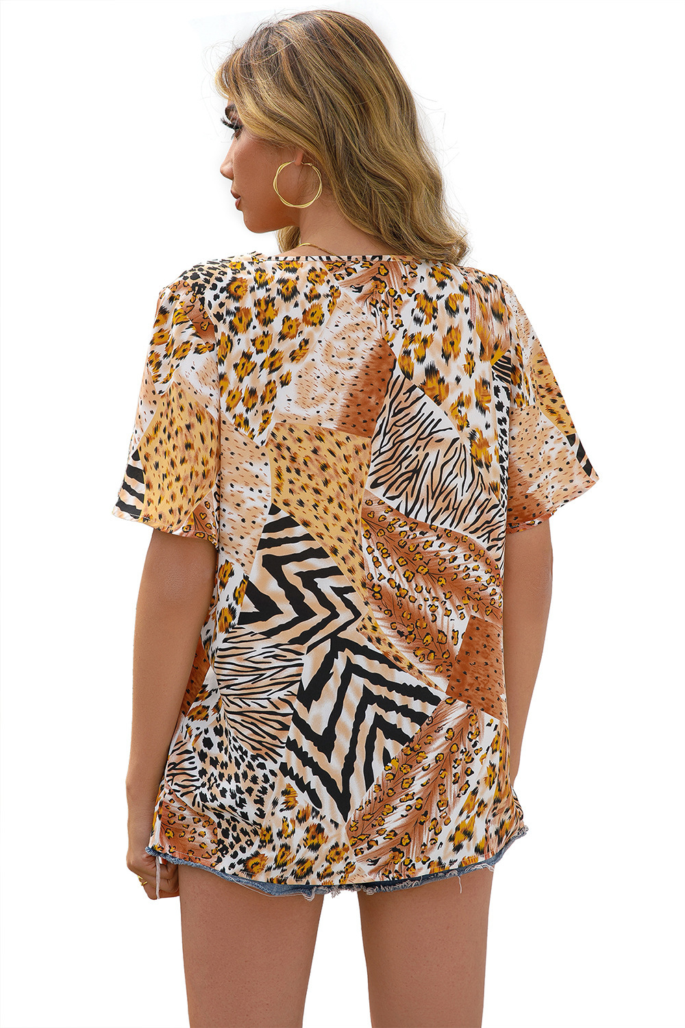 Damen Bluse Mit Leopardenmuster V-ausschnitt Kurzem Ärmel Casual_voghion.com