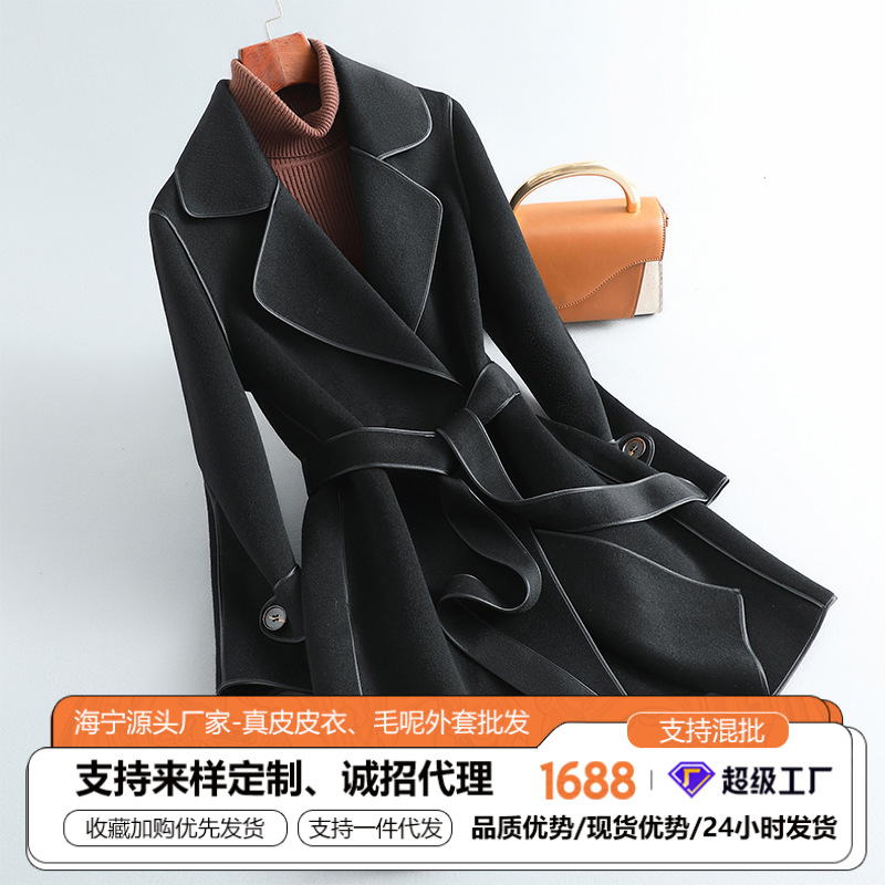 Source factory in stock hot selling 100% wool suit collar edging black simple long belt woolen coat