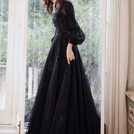 法式黑色晚礼服2022新款长袖生日宴长款连衣裙演出声乐艺考礼服