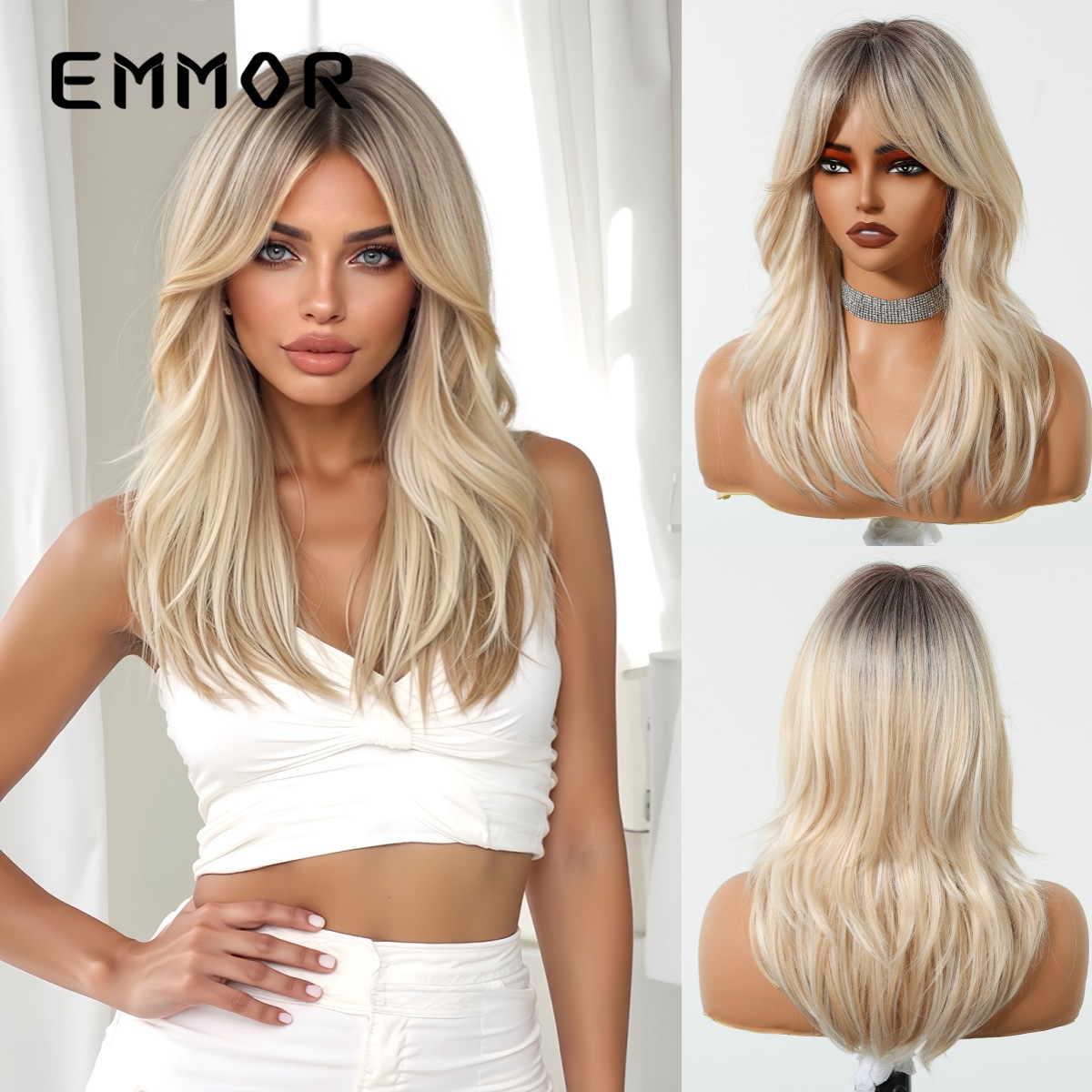 Comercio exterior transfronterizo venta caliente gradiente de ocho caracteres dorados flequillo cabello largo micro rizado peluca de moda cabello completo hair