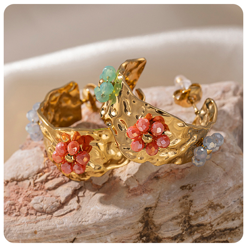 Tina Cross-border versátil textura de acero inoxidable color zircon perlas cuentas de flores pendientes de oro 18 quilates