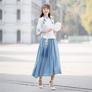 民族服装刺绣唐装套装盘扣立领七分袖改良旗袍亲子文艺气质两件套