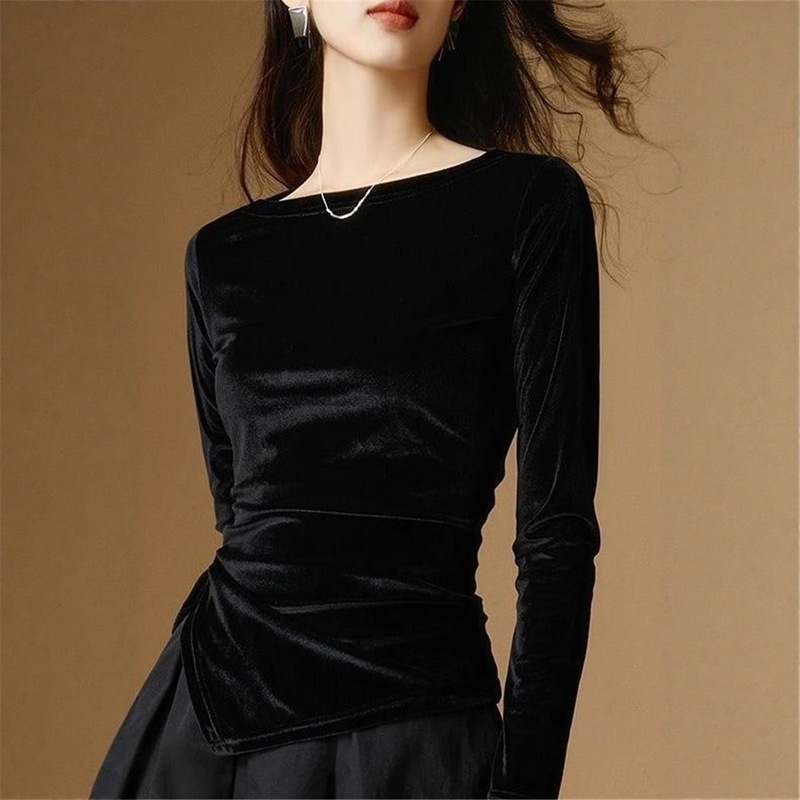 Spring New Fashion Stylish Slim-Fit Velvet Top with Long Sleeves and Off-Shoulder Design for Women