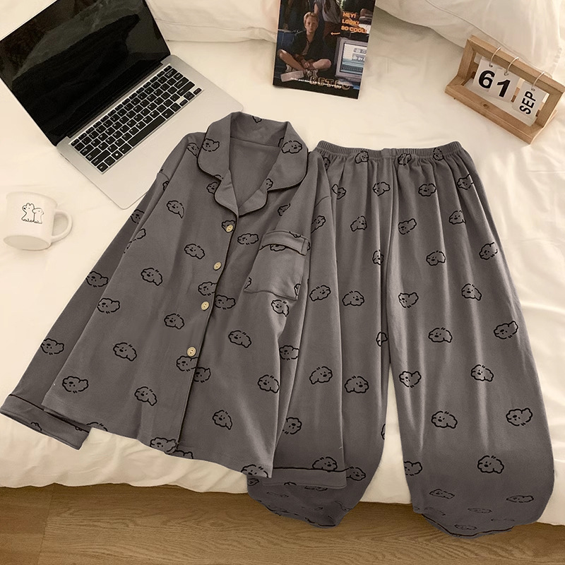 Ins Puppy Pajamas Men's Autum Long-Sleeved Pants Imitation Cotton Cartoon Large Size Loose Couple Home Wear Set