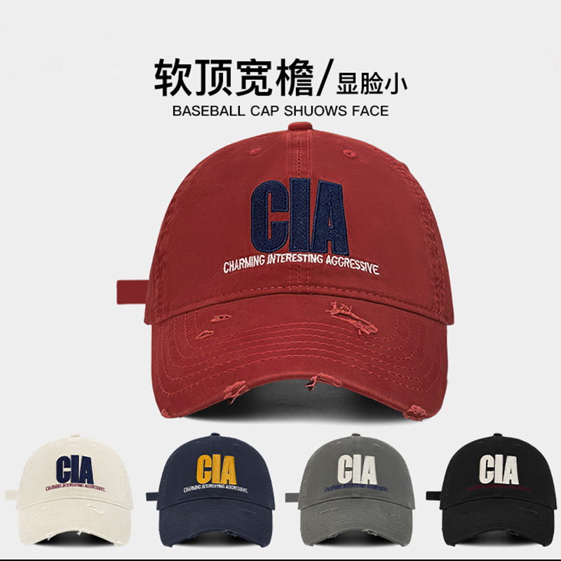 American Retro Embroidered Distressed Baseball Cap for Women, Face-Slimming Unisex Soft Top Fashion Men's Duckbill Cap
