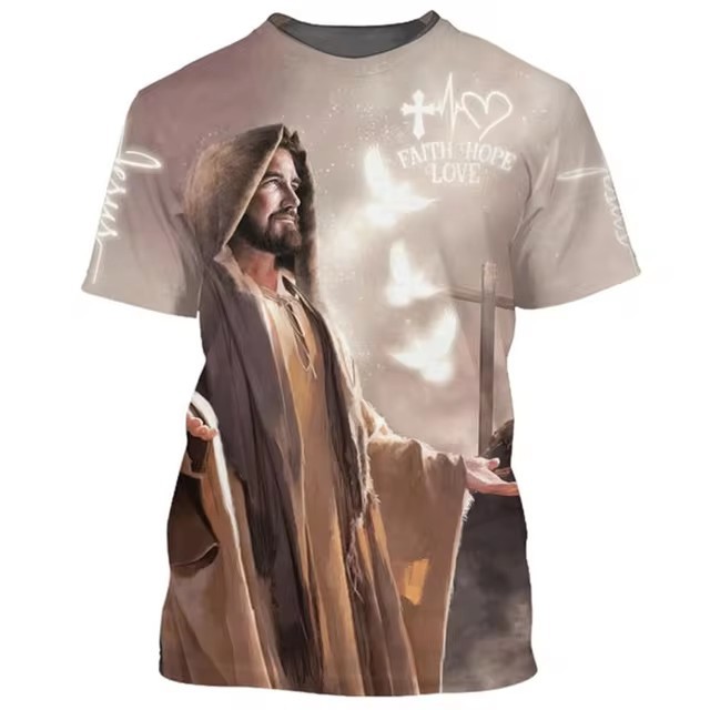 Camiseta de cuello redondo de manga corta transpirable de malla suelta de verano para hombre AliExpress Europa y América Venta caliente Resurrección Jesús Impresión 3D
