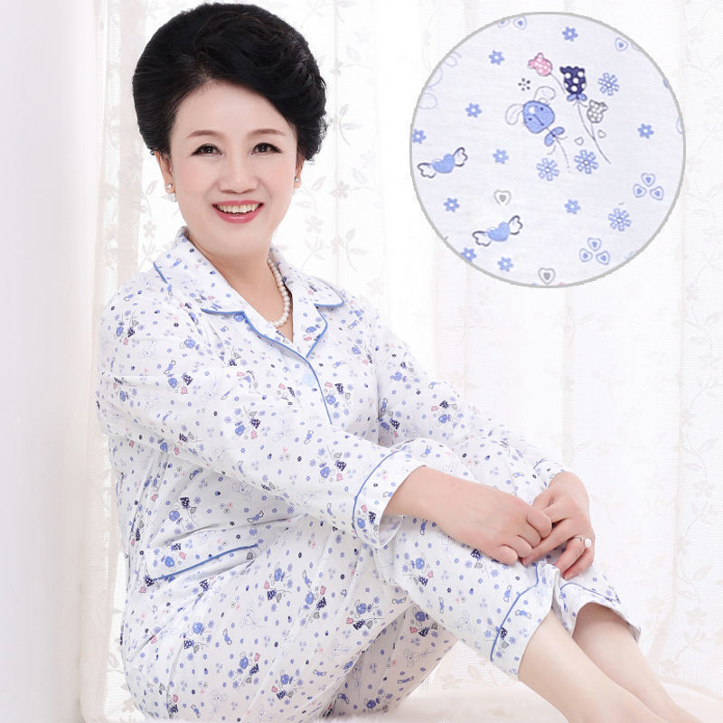 [Plus size] mamá de mediana edad y ancianos pijamas de manga larga de las mujeres de edad avanzada primavera y otoño ropa de hogar traje de Cardigan de verano