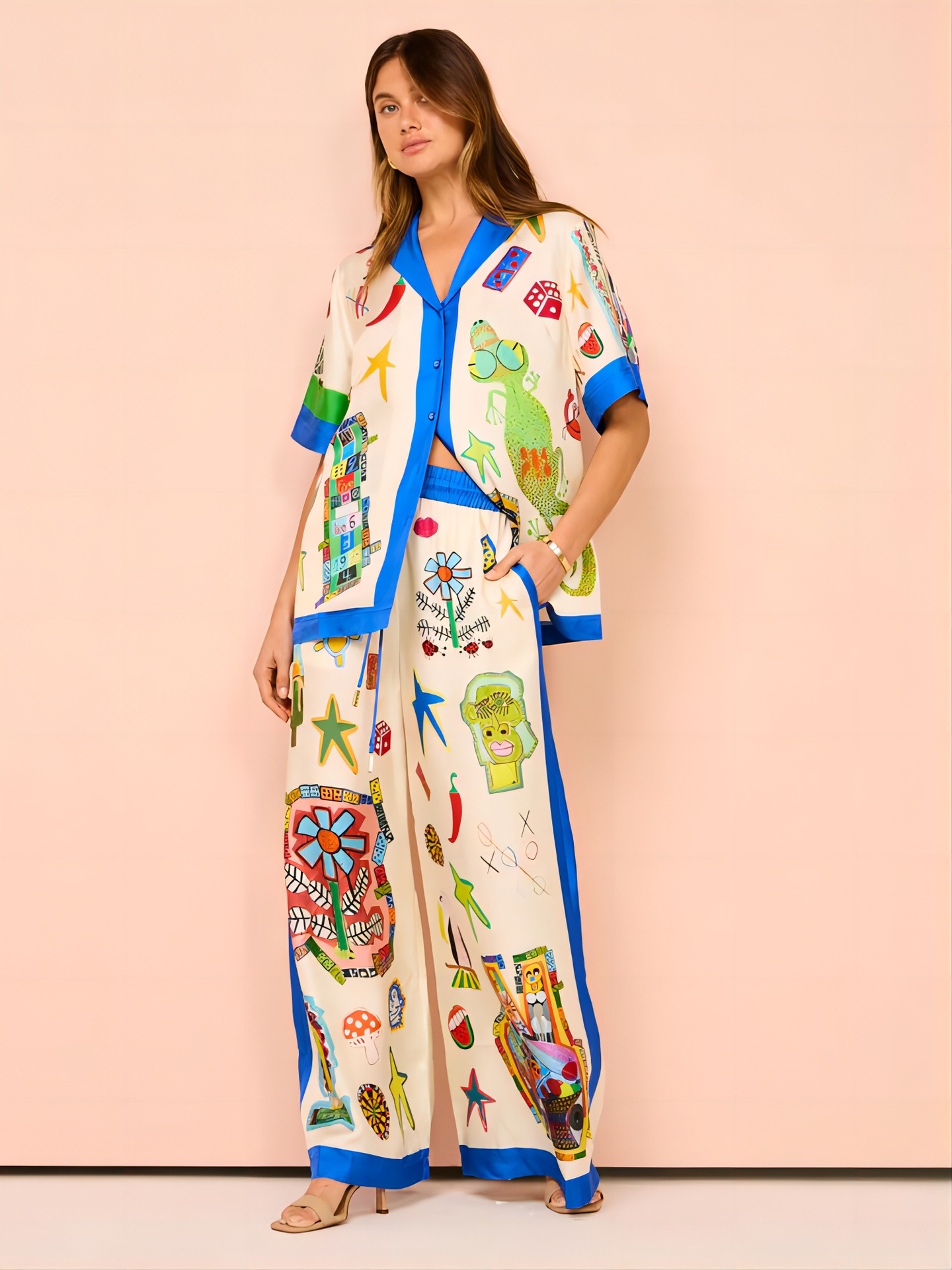 2 Pieces Set Quantity Holiday Occasion Turndown Neckline Holiday Women's Casual Graffiti Polyester Printing Pant Co-ord Set Pants Sets