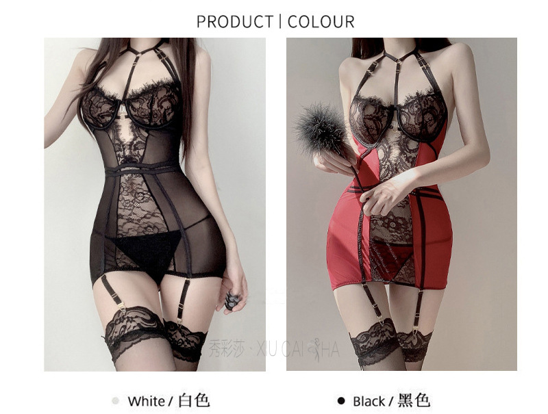 Plus-size Lace Babydoll Set with Garters, Thong and Stockings, Black — detail image 7