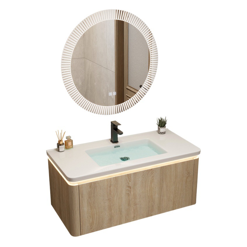 Color de madera cuenca de cerámica integrada esquina redondeada combinación de gabinete de baño lavabo de lavado de manos lavabo de baño piscina