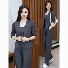 运动风休闲套装女时尚秋冬季新款宽松开衫阔腿裤三件套女