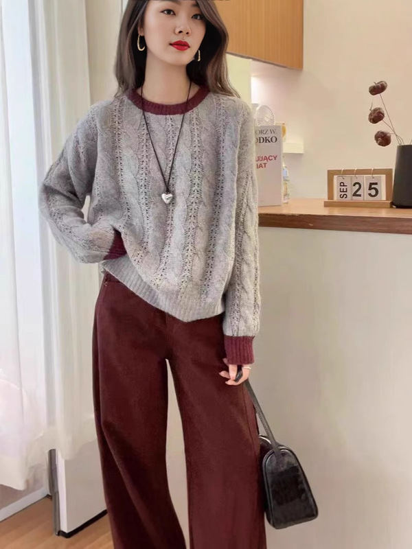 秋冬季新款女羊毛针织圆领镂空宽松套头装撞色麻花韩系慵懒风毛衣|undefined