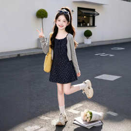 童装女童夏季套装中大童长袖防晒衫碎花吊带裙女孩可爱时尚两件套