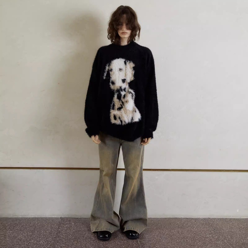 斑点狗仿马海毛套头圆领毛衣长袖