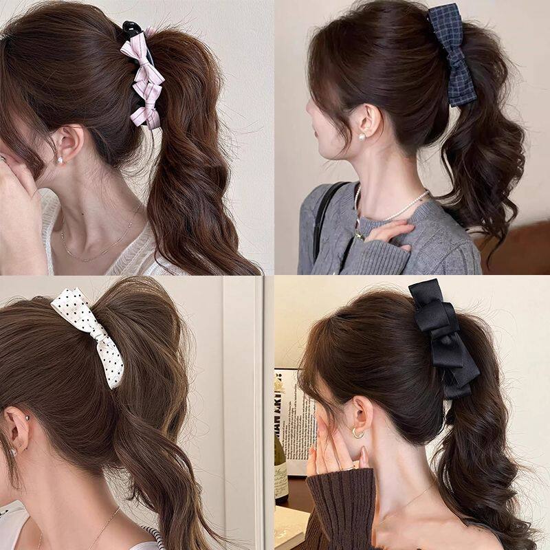 2026 New Model Pink Double-Sided Bow Banana Clip Vertical Clip Elegant High Ponytail Hair Clip Back of the Head Hair Clip Hair Accessory