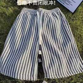 欧美潮牌黑白针织条纹短裤男士夏季小香风裤子外穿休闲运动五分裤