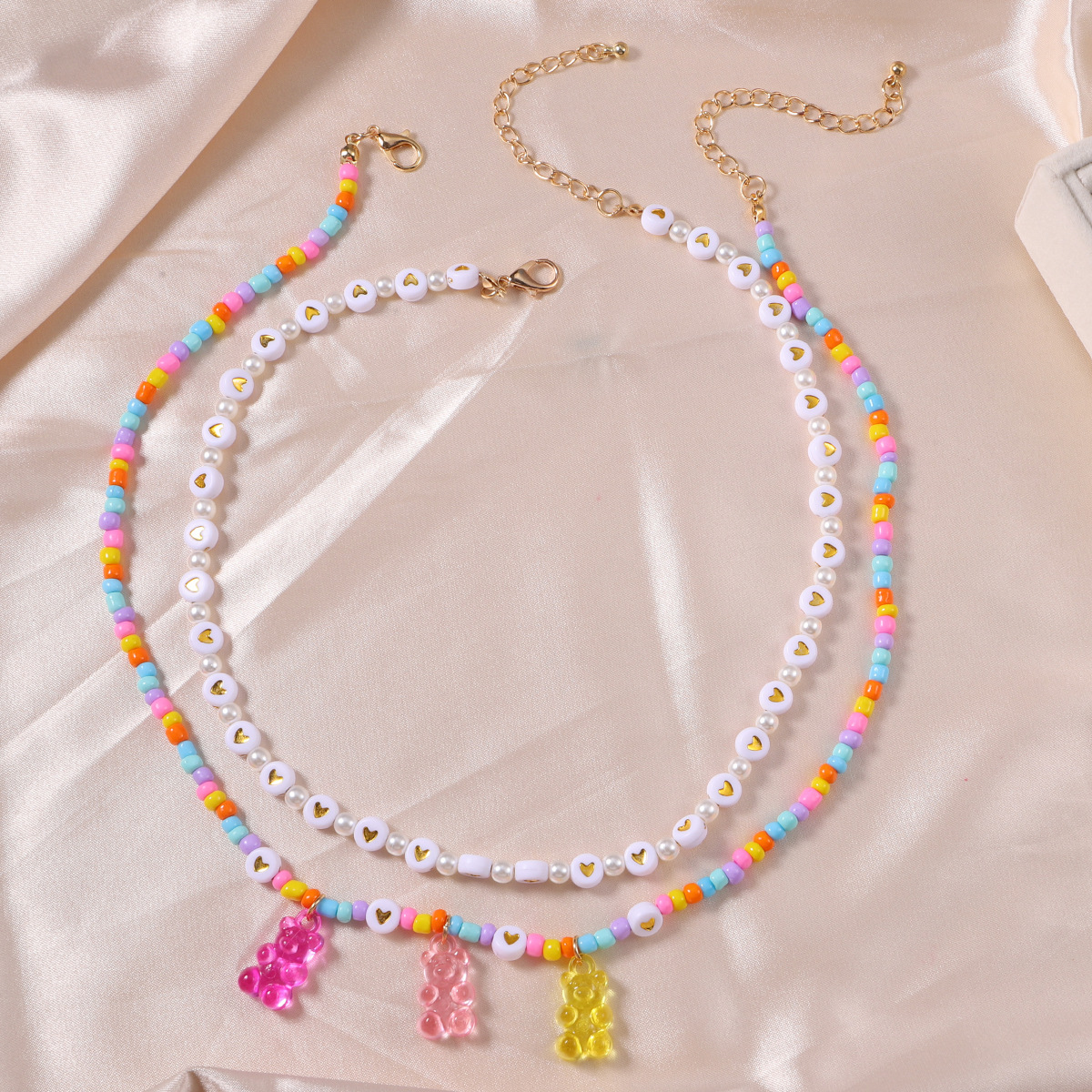 Korean Cute Bear Pendant Color Beads Heart Clavicle Chain Necklace display picture 4