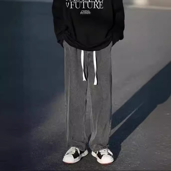 2024 Spring and Autumn New American Style High Street Jeans Unisex Loose Straight Drawstring Design Rope Teenagers Trousers