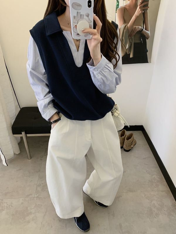韩系减龄假两件拼接条纹Polo领上衣女装秋季新款大码宽松小衫卫衣|undefined