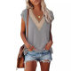 European and American AliExpress Golden V-neck lace loose top casual T-shirt deep V-neck temperament half short sleeve top for women Summer