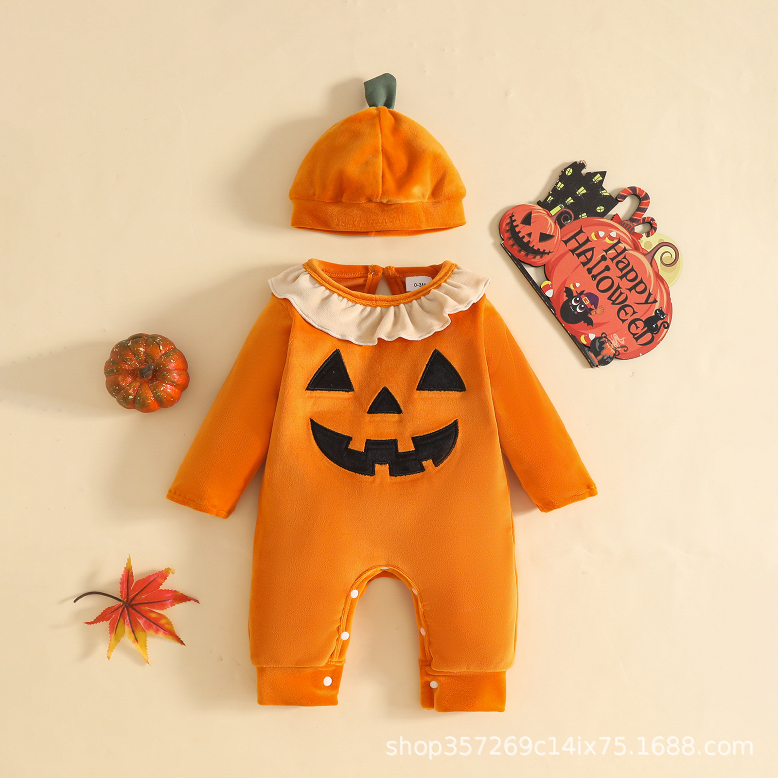 Single-Piece Unisex Baby Halloween Romper with Fashionable Embroidery, Cute Hidden Snap Buttons, Long Sleeves, and Matching Hat