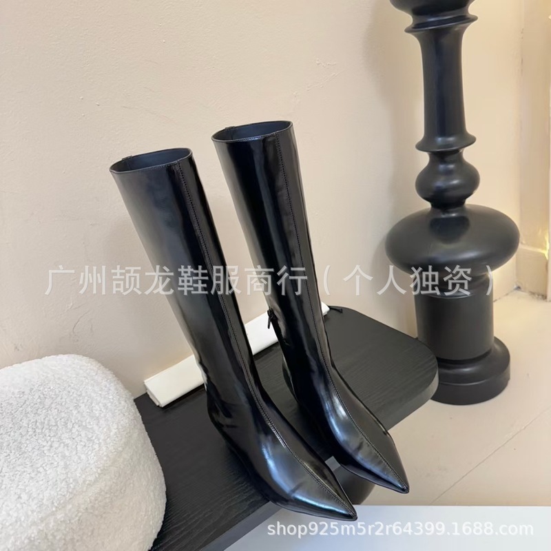 小众设计2025秋冬真皮尖头复古坡跟内增高侧拉链高筒不过膝长靴女|undefined