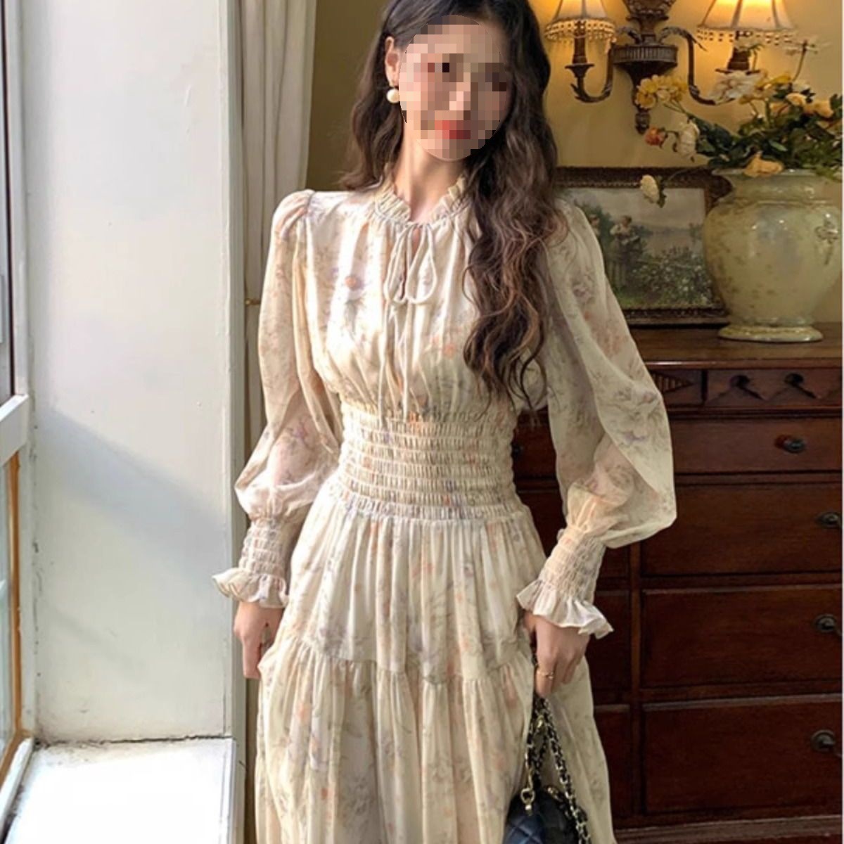 2025春季新款裙雪纺碎花复古长袖连衣裙气质收腰长裙法式网纱