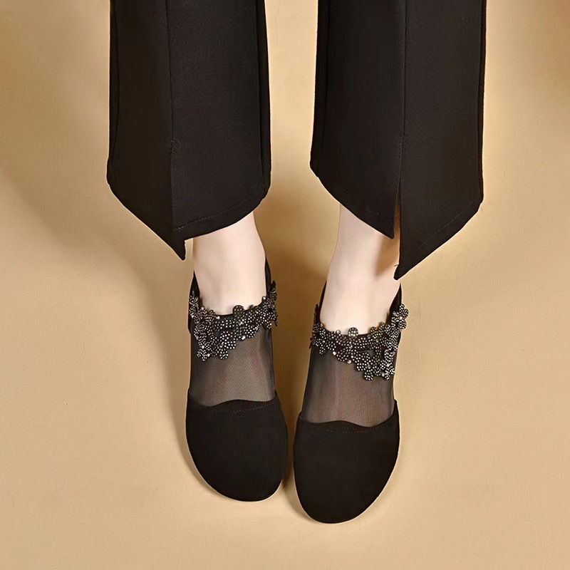 Giày sandal nữ da thật mũi tròn gót vuông 5 cm khoét lỗ hở mũi — Chiều cao gót 5 cm