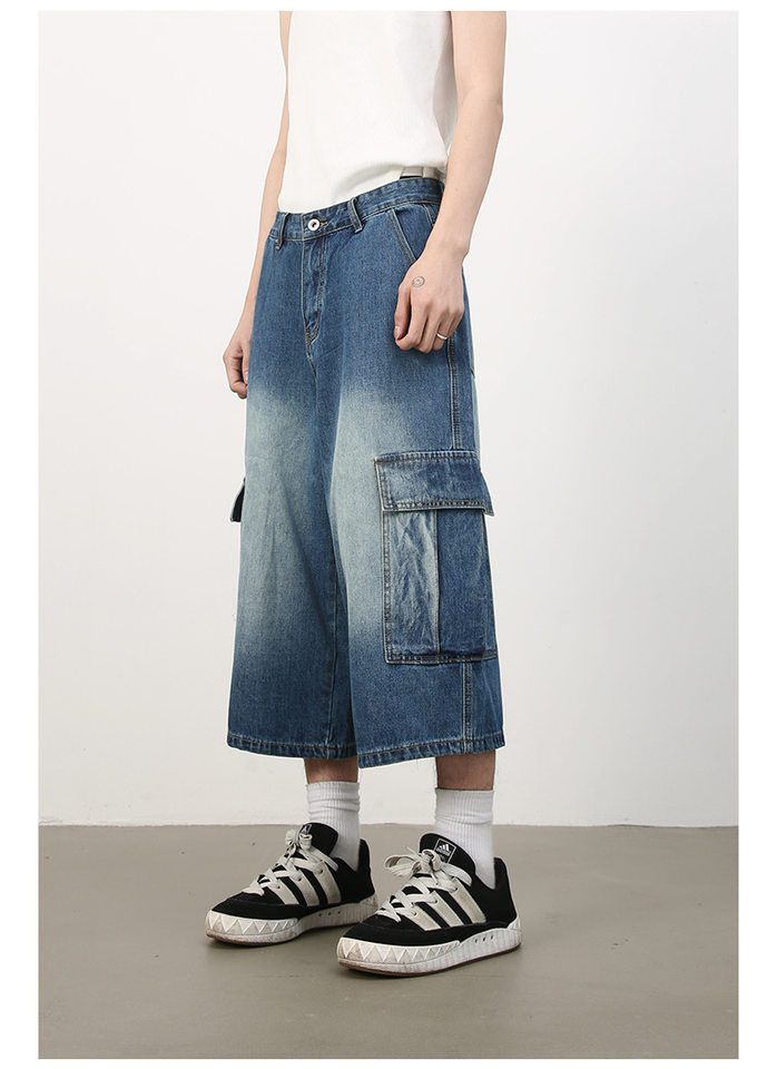 Quần short jean nam ống rộng nhiều túi phong cách hip-hop đường phố, quần lửng mùa hè — Màu xanh lam, Xanh lam làm cũ, Xanh lam nhạt chi tiết 5