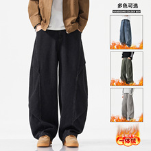 加绒工装牛仔裤男2025新款潮牌加肥大码宽松弯刀裤休闲阔腿长裤子