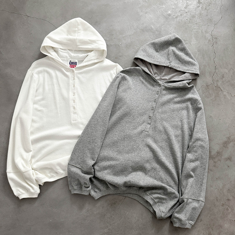 Layering Essential Henry Hoodie Simple Versatile Hooded Patchwork Base Shirt Long Sleeve Single-Breasted T-Shirt Women's Top