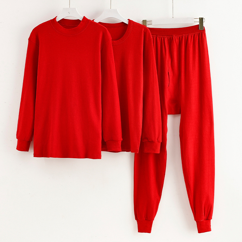 빨간 가을 옷 긴 내복 따뜻한 양복 면 하이웨이스트 큰 사이즈 남녀 라운드 넥 반 터틀넥 중년 노년