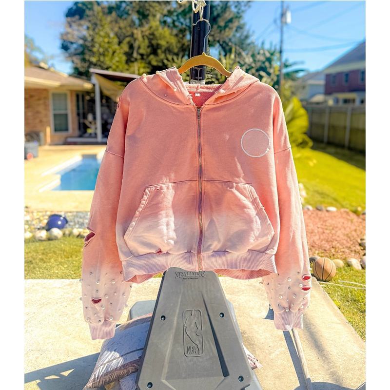 OEM High-Quality 100% Cotton Loose-Fit Streetwear Distressed Tie-Dye Rhinestone Drop-Shoulder Zip-Up Women's Hoodie