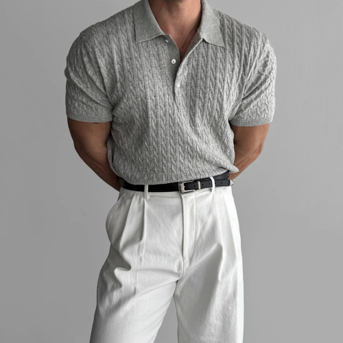 Summer New Men's Crochet Polo Shirt Knit Short Sleeve Collar Slim Fit Business T-shirt Import and Export Cross-border Wholesale